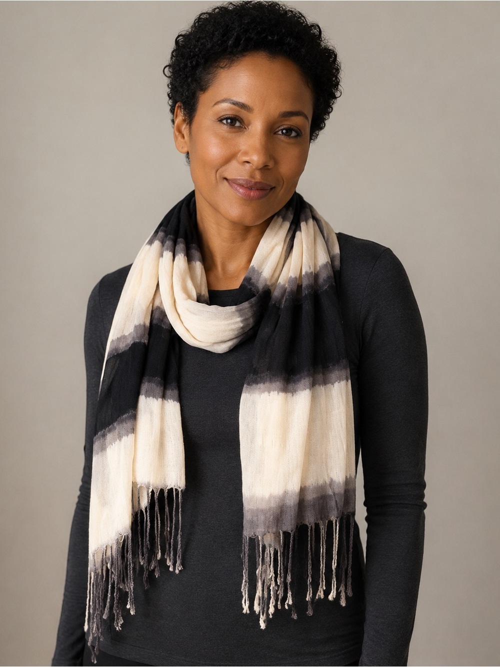 Isaac Mizrahi Black, Cream & Gray Ombre Fringe Scarf